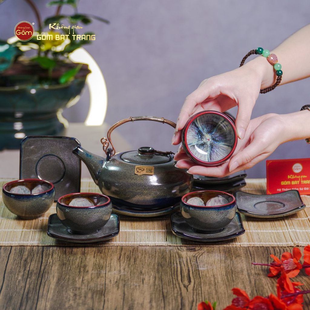 Bộ Ấm Chén Giang Tây Men Hỏa Biến Rêu Lòng Hoa
