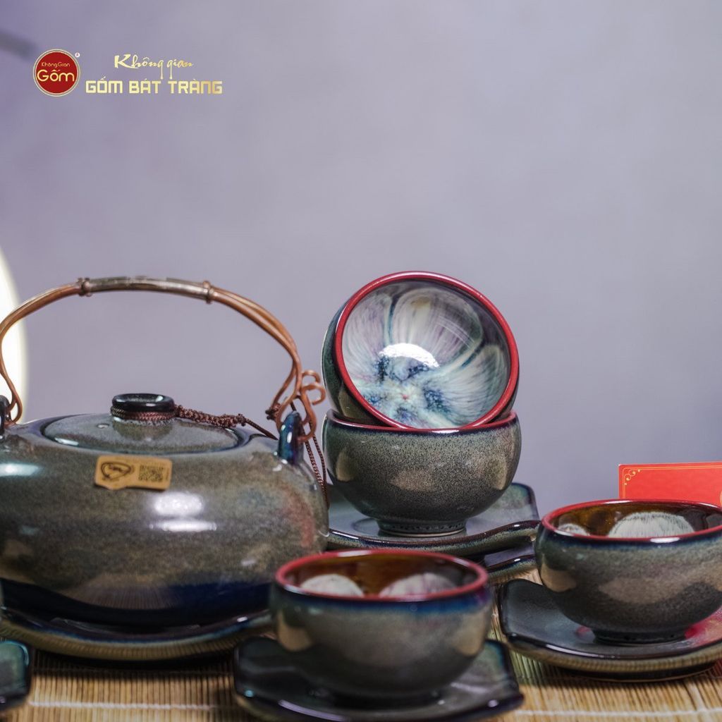 Bộ Ấm Chén Giang Tây Men Hỏa Biến Rêu Lòng Hoa