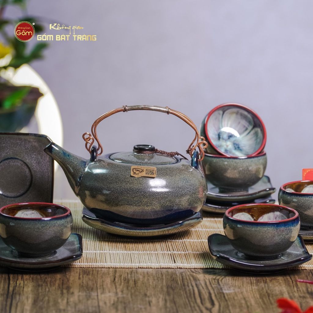 Bộ Ấm Chén Giang Tây Men Hỏa Biến Rêu Lòng Hoa