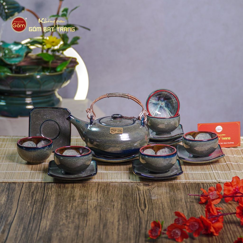 Bộ Ấm Chén Giang Tây Men Hỏa Biến Rêu Lòng Hoa