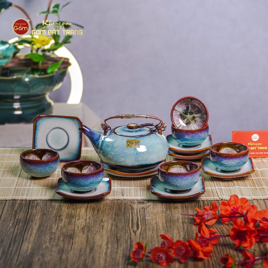 Bộ Ấm Chén Giang Tây Men Hỏa Biến Trắng Xanh