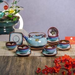 Bộ Ấm Chén Giang Tây Men Hỏa Biến Trắng Xanh