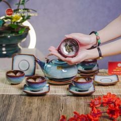Bộ Ấm Chén Giang Tây Men Hỏa Biến Trắng Xanh
