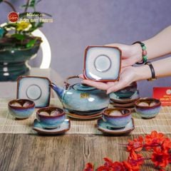 Bộ Ấm Chén Giang Tây Men Hỏa Biến Trắng Xanh
