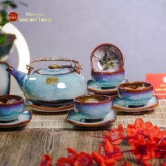 Bộ Ấm Chén Giang Tây Men Hỏa Biến Trắng Xanh