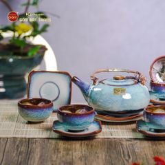 Bộ Ấm Chén Giang Tây Men Hỏa Biến Trắng Xanh