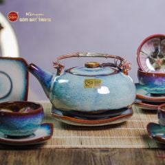 Bộ Ấm Chén Giang Tây Men Hỏa Biến Trắng Xanh
