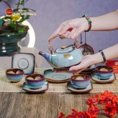 Bộ Ấm Chén Giang Tây Men Hỏa Biến Trắng Xanh