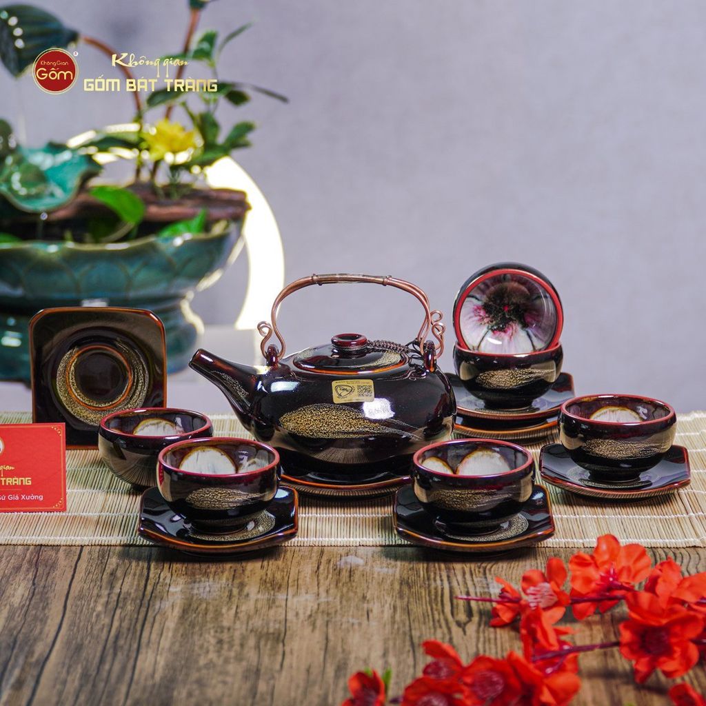 Bộ Ấm Chén Giang Tây Quét Xám Men Hỏa Biến Lòng Hoa
