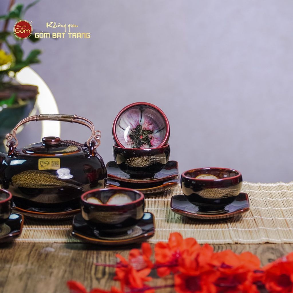 Bộ Ấm Chén Giang Tây Quét Xám Men Hỏa Biến Lòng Hoa