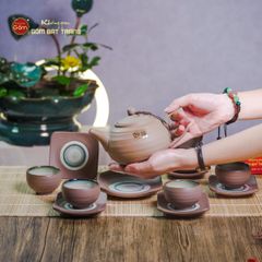 Bộ Ấm Chén Gốm Đất Men Hỏa Biến Quai Sứ