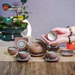Bộ Ấm Chén Gốm Đất Men Hỏa Biến Quai Sứ