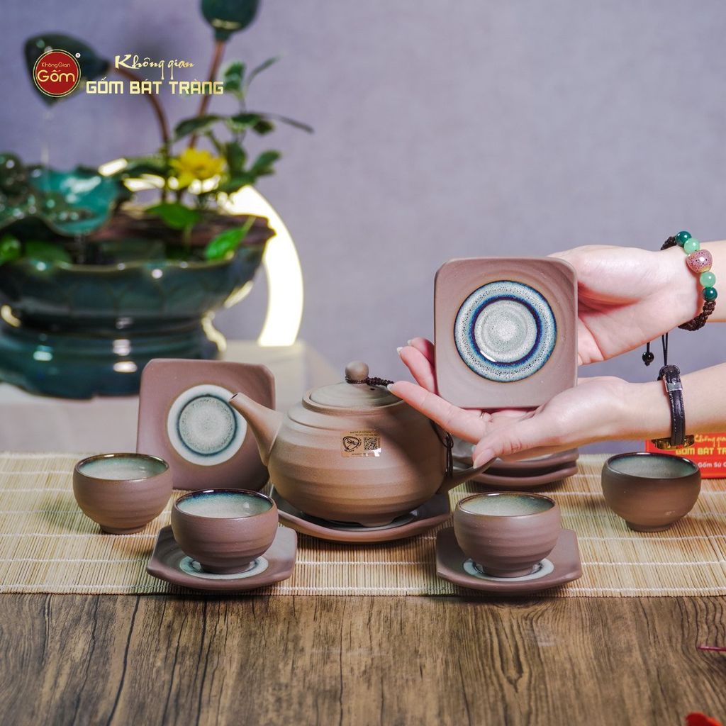 Bộ Ấm Chén Gốm Đất Men Hỏa Biến Quai Sứ