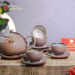 Bộ Ấm Chén Gốm Đất Men Hỏa Biến Quai Sứ