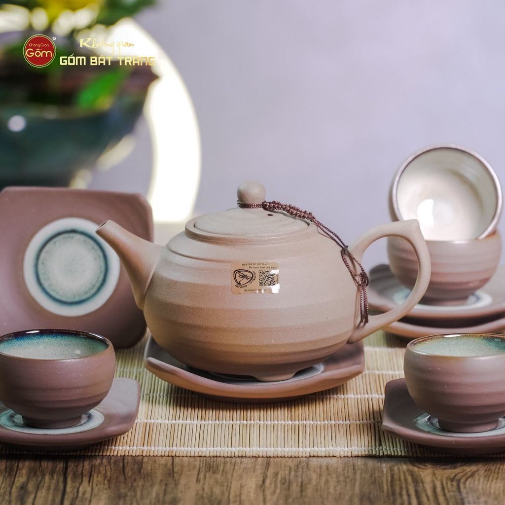 Bộ Ấm Chén Gốm Đất Men Hỏa Biến Quai Sứ