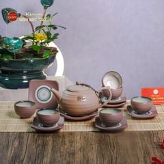Bộ Ấm Chén Gốm Đất Men Hỏa Biến Quai Sứ