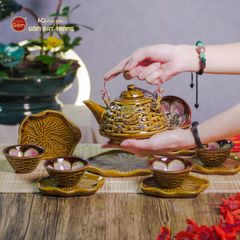Bộ Ấm Chén Hỏa Biến Nâu Vàng Sen Cá