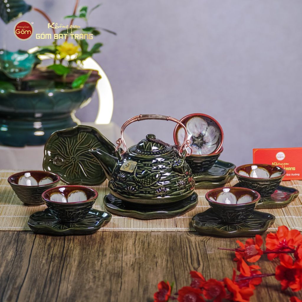 Bộ Ấm Chén Hỏa Biến Xanh Sen Cá