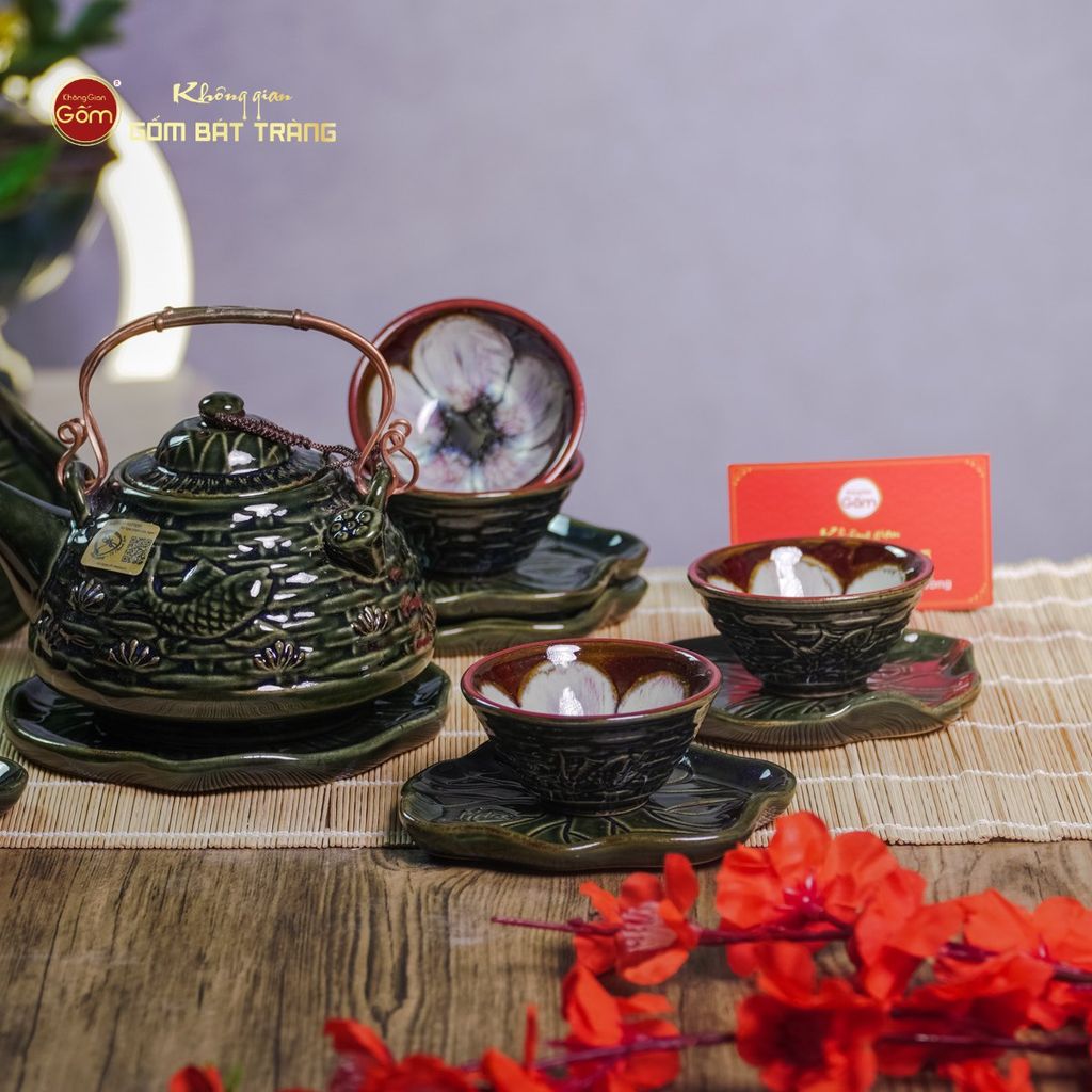 Bộ Ấm Chén Hỏa Biến Xanh Sen Cá