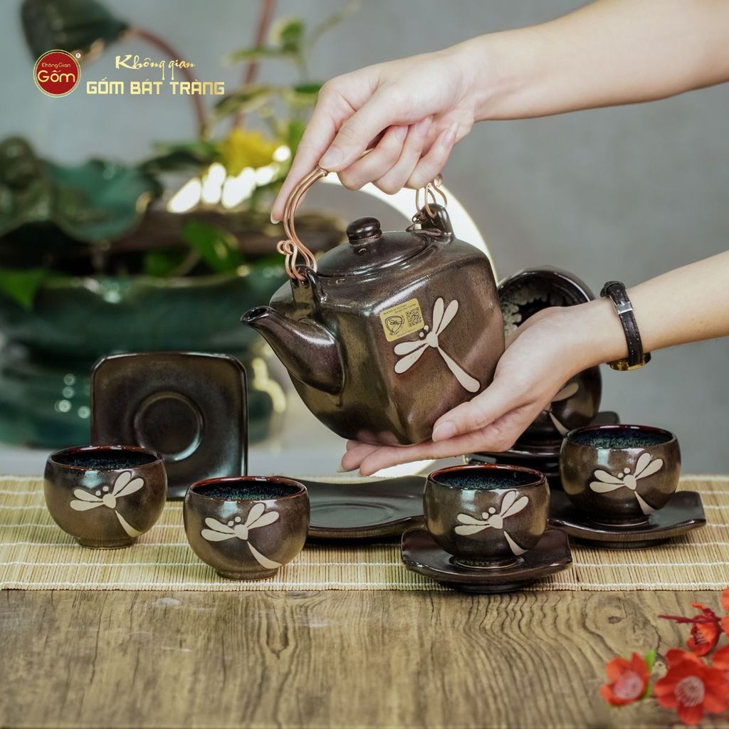 Bộ Ấm Chén Men Hỏa Biến Chuồn Chuồn Dáng Vuông