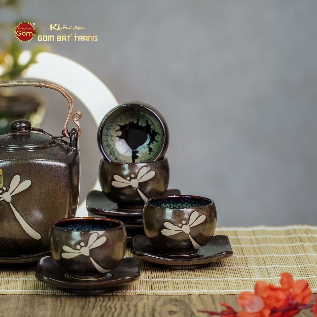 Bộ Ấm Chén Men Hỏa Biến Chuồn Chuồn Dáng Vuông