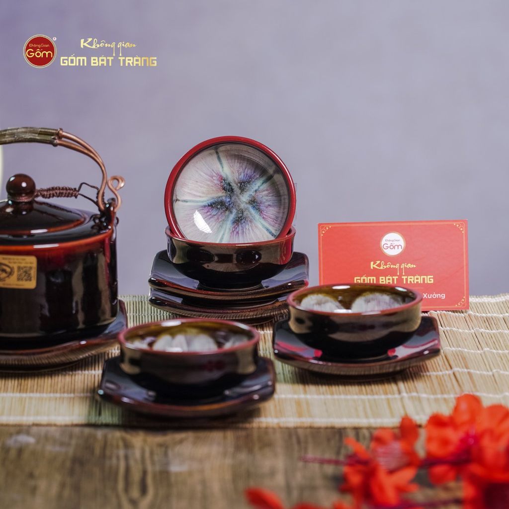 Bộ Ấm Chén Men Hỏa Biến Nâu Đen Ba Chân
