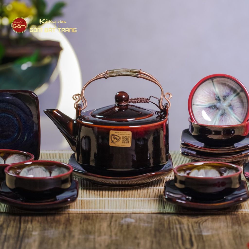 Bộ Ấm Chén Men Hỏa Biến Nâu Đen Ba Chân