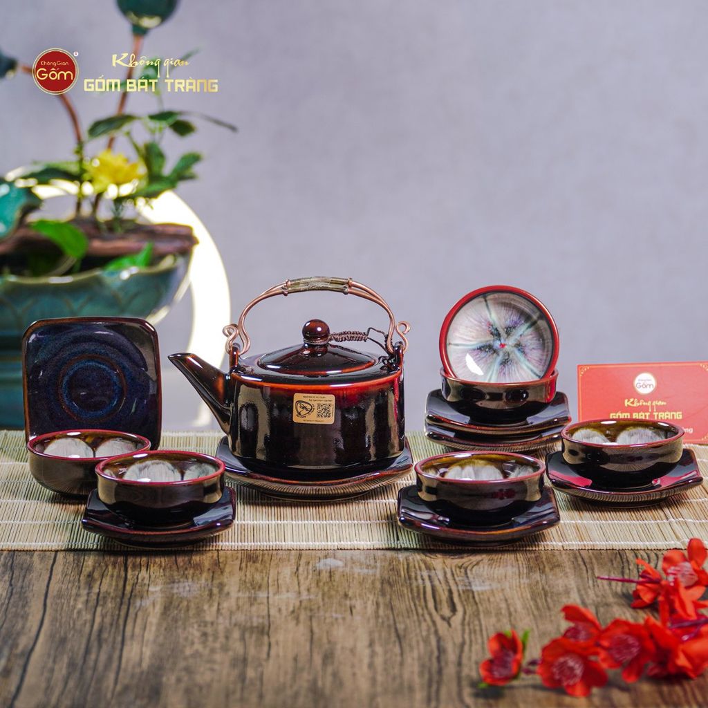 Bộ Ấm Chén Men Hỏa Biến Nâu Đen Ba Chân