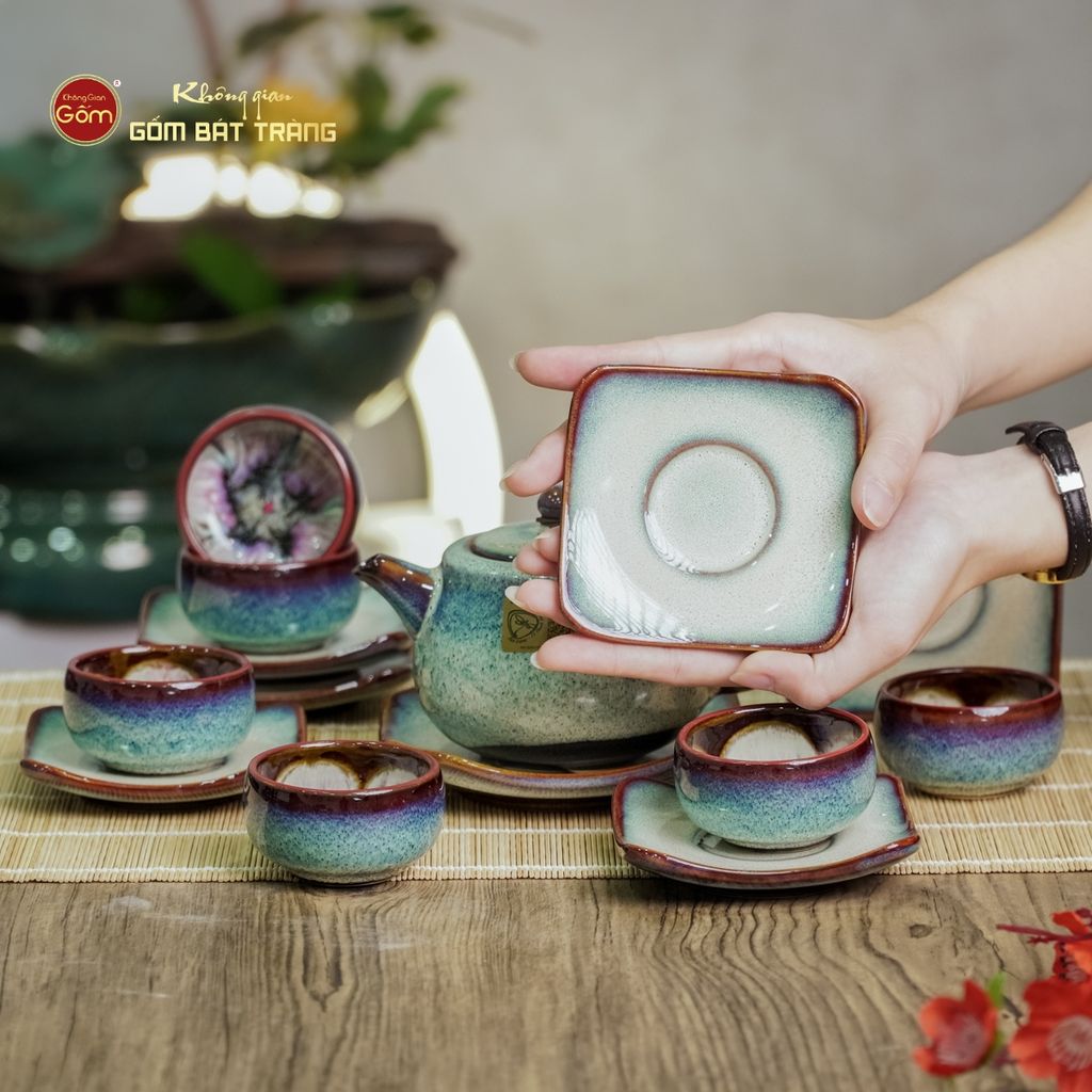 Bộ Ấm Chén Men Hỏa Biến Phấn Hồng