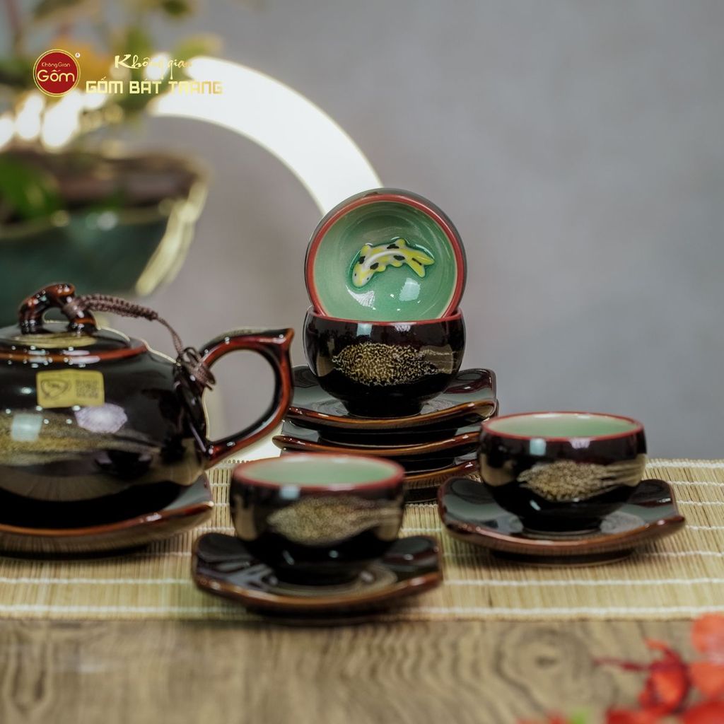 Bộ Ấm Chén Men Hỏa Biến Quả Hồng Cá Koi