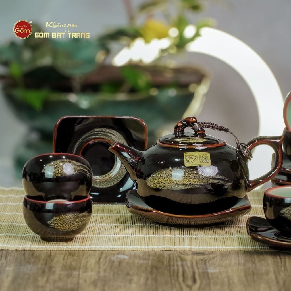 Bộ Ấm Chén Men Hỏa Biến Quét Xám Quả Hồng