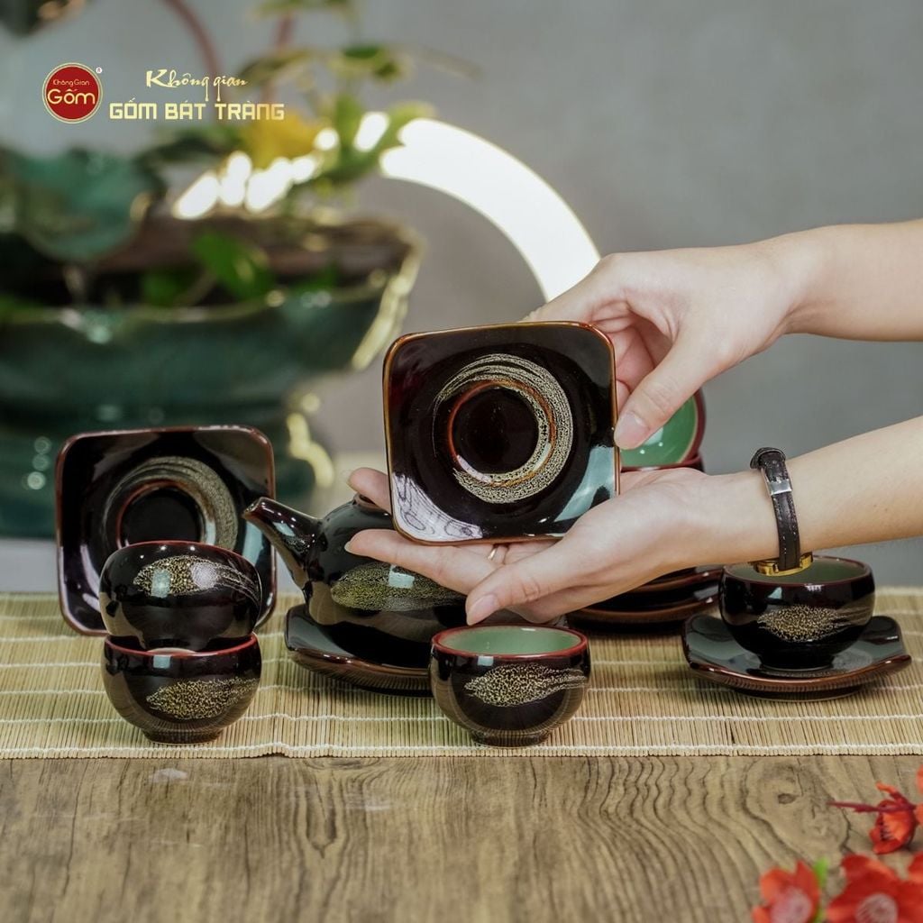 Bộ Ấm Chén Men Hỏa Biến Quét Xám Quả Hồng