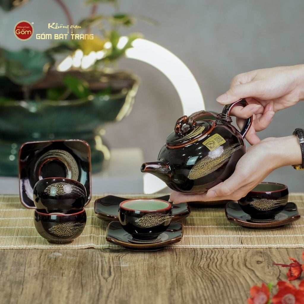 Bộ Ấm Chén Men Hỏa Biến Quét Xám Quả Hồng