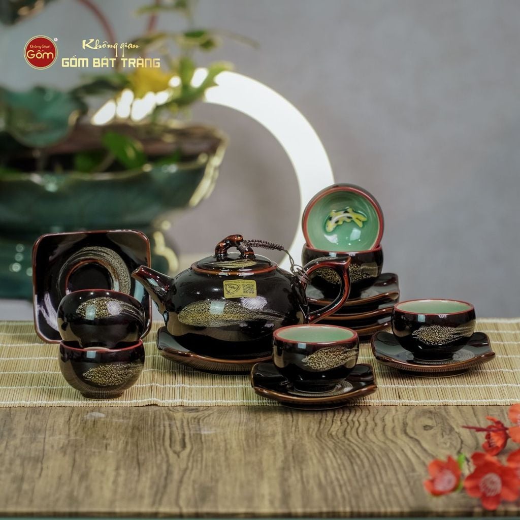 Bộ Ấm Chén Men Hỏa Biến Quét Xám Quả Hồng
