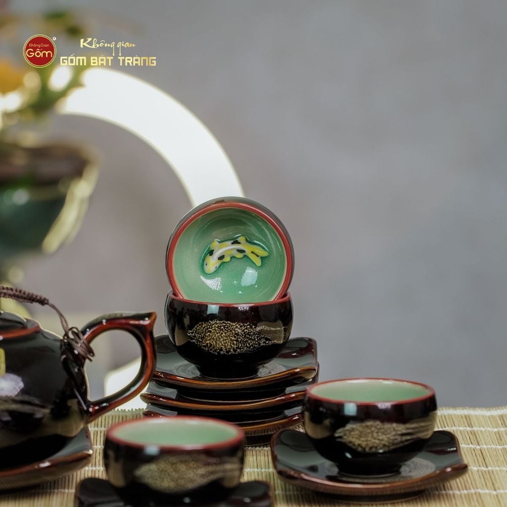 Bộ Ấm Chén Men Hỏa Biến Quét Xám Quả Hồng