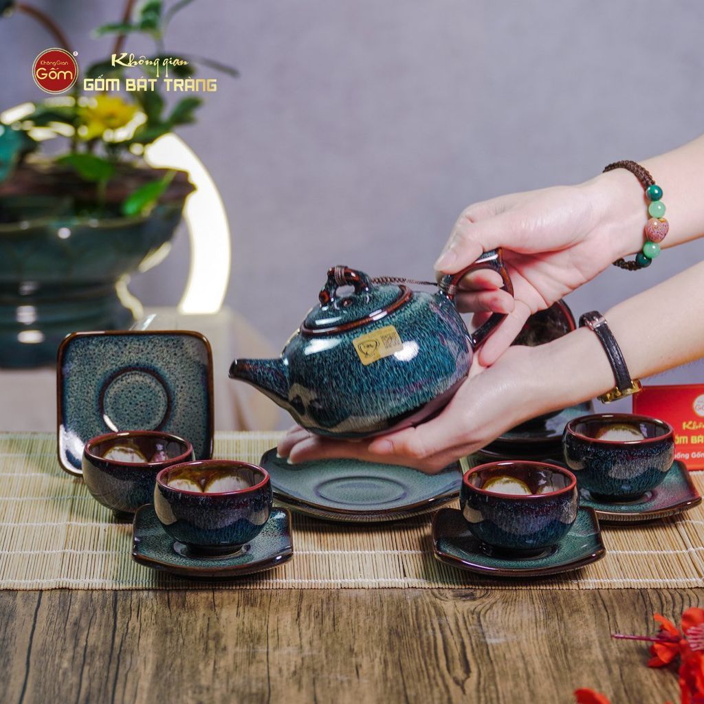 Bộ Ấm Chén Men Hỏa Biến Rêu Quả Hồng