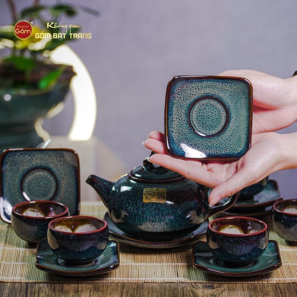 Bộ Ấm Chén Men Hỏa Biến Rêu Quả Hồng