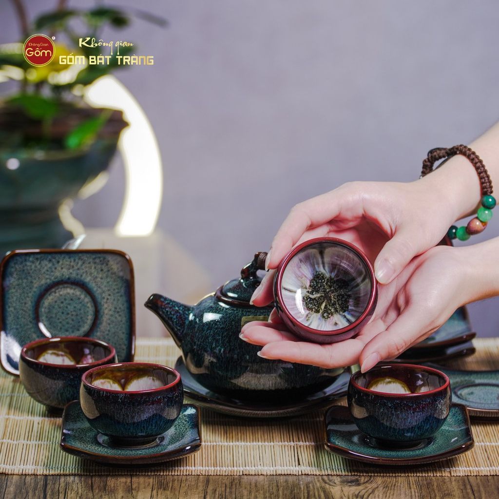 Bộ Ấm Chén Men Hỏa Biến Rêu Quả Hồng