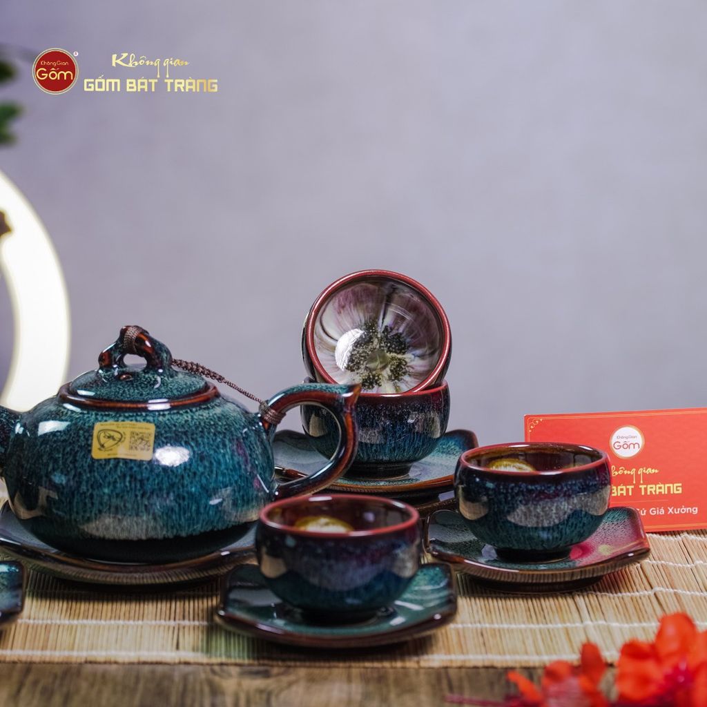 Bộ Ấm Chén Men Hỏa Biến Rêu Quả Hồng