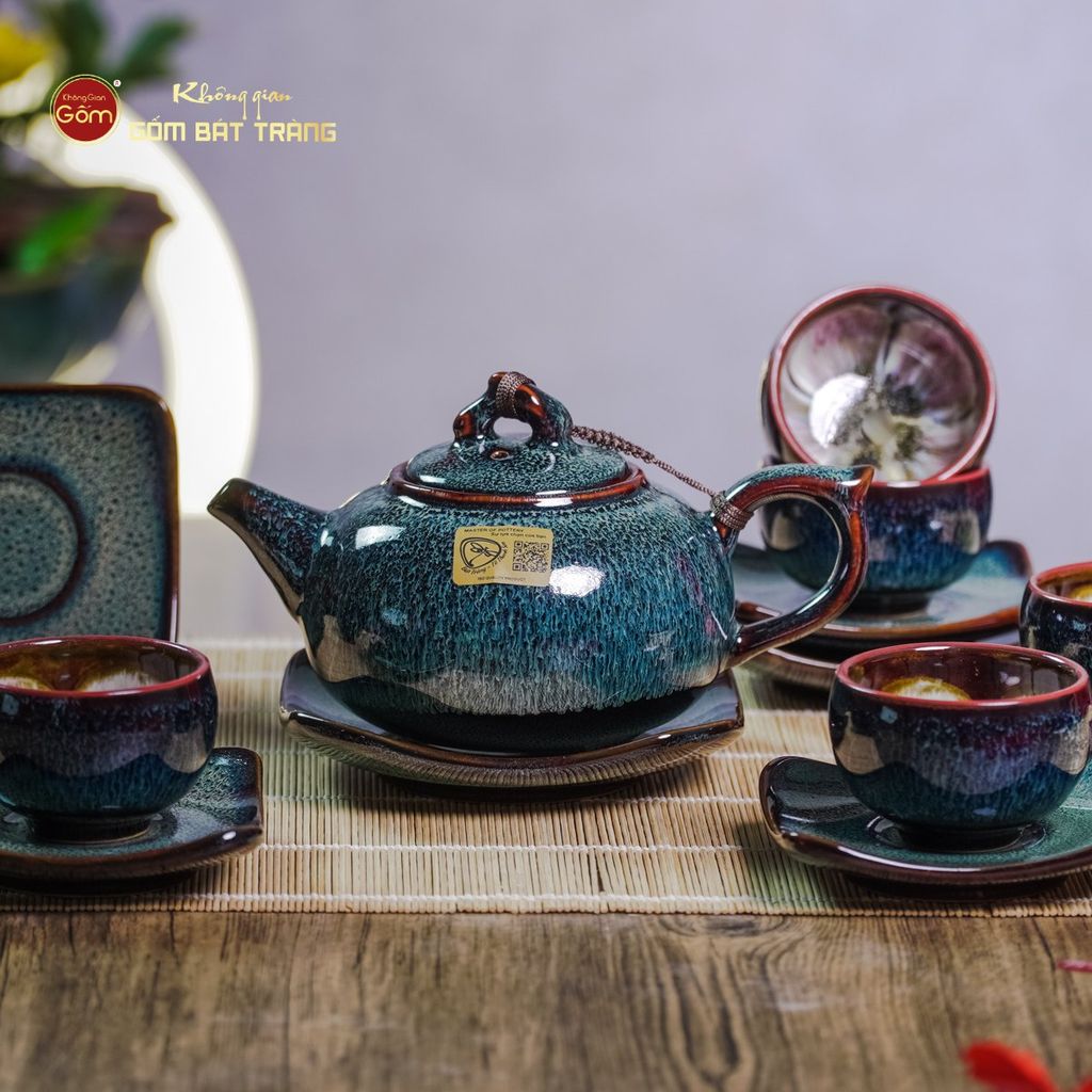 Bộ Ấm Chén Men Hỏa Biến Rêu Quả Hồng