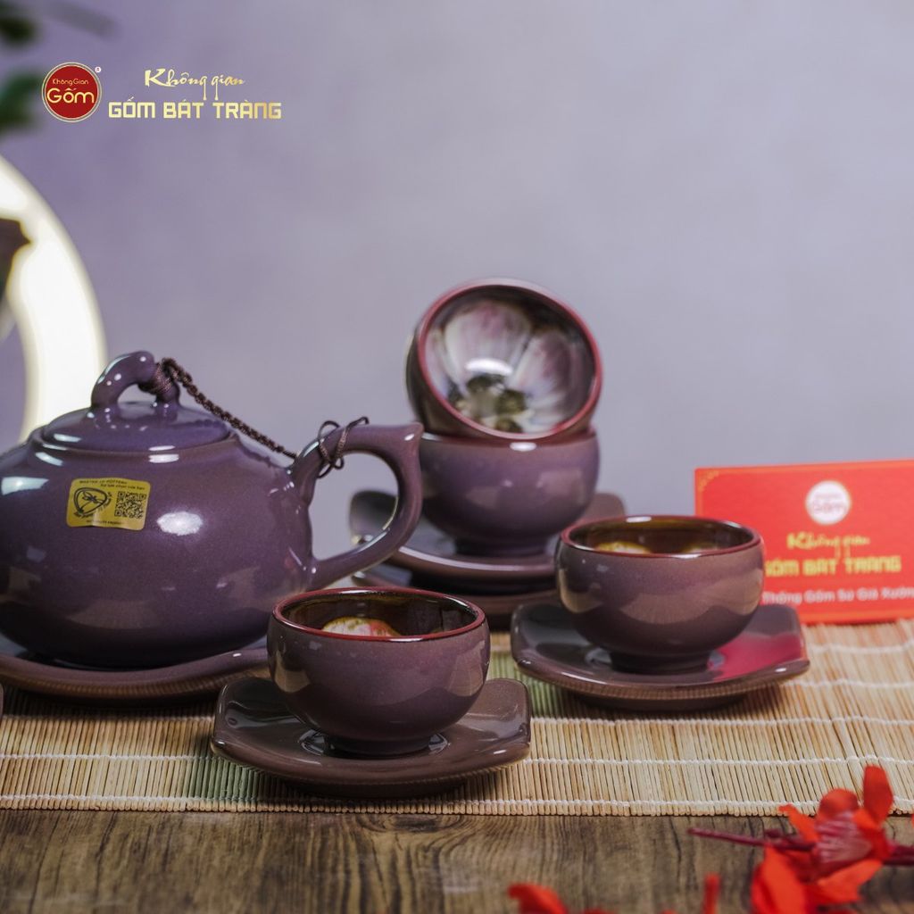 Bộ Ấm Chén Men Hỏa Biến Tím Mật Quả Hồng