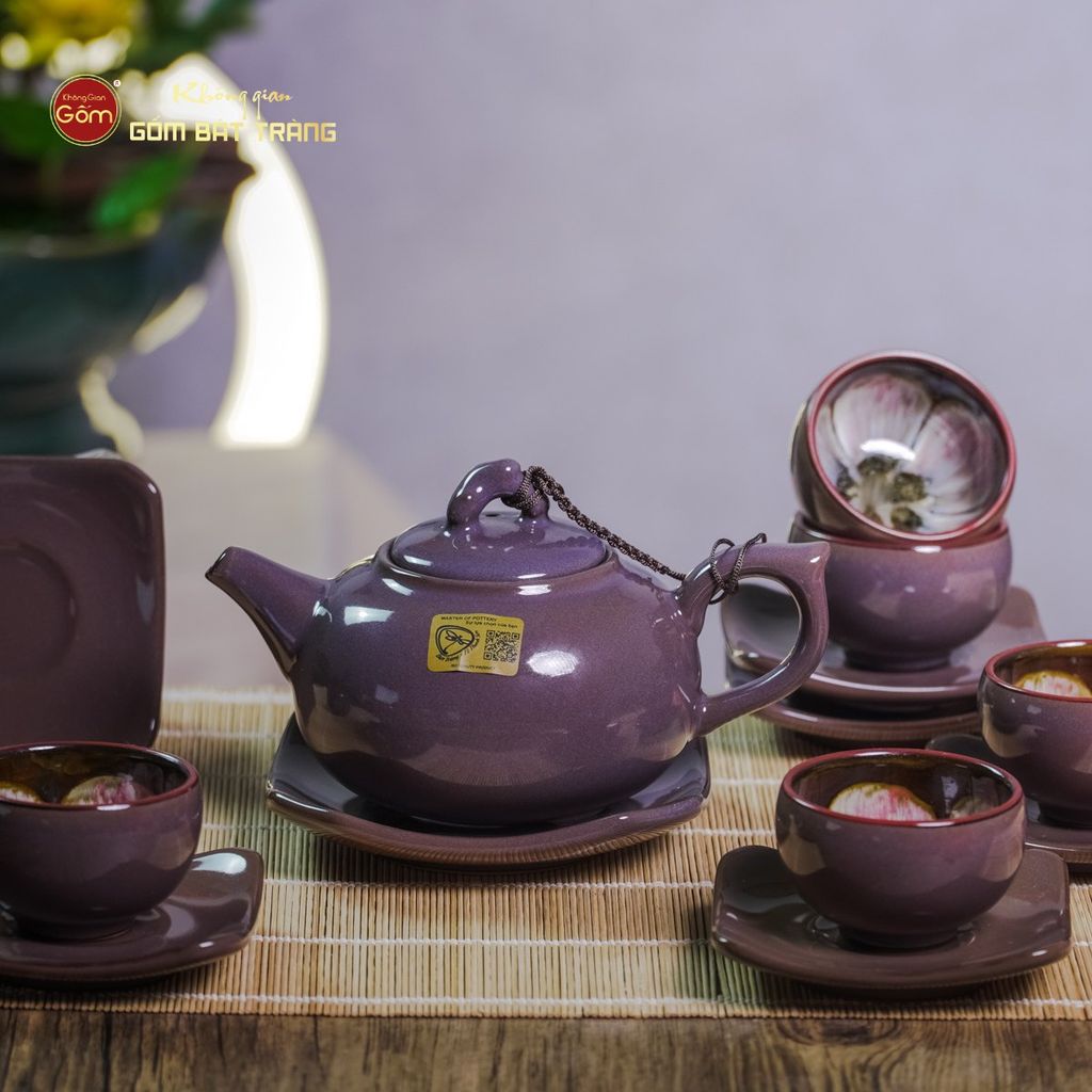 Bộ Ấm Chén Men Hỏa Biến Tím Mật Quả Hồng