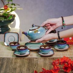 Bộ Ấm Chén Men Hỏa Biến Trắng Xanh Quả Hồng