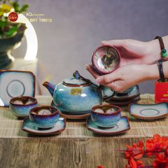 Bộ Ấm Chén Men Hỏa Biến Trắng Xanh Quả Hồng