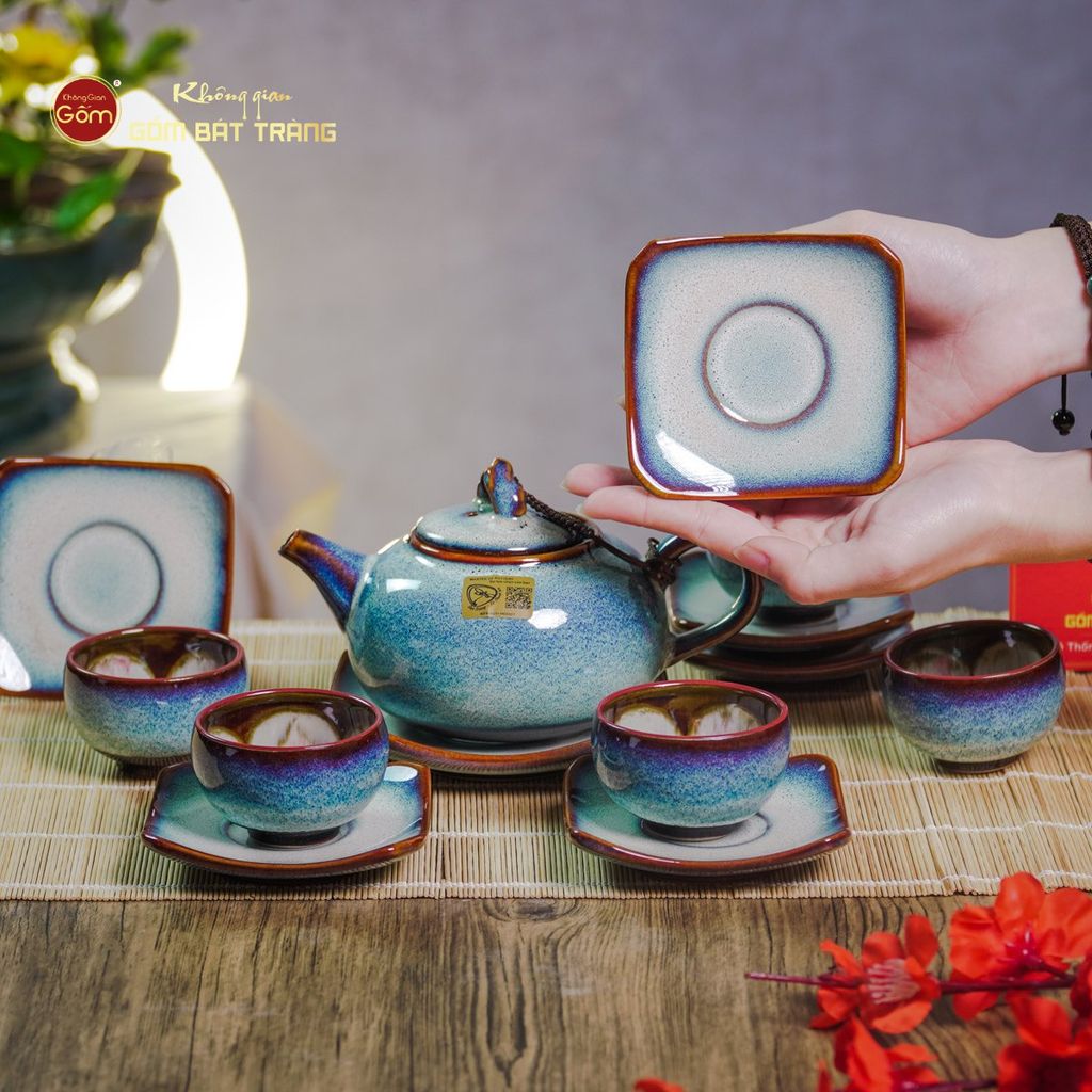 Bộ Ấm Chén Men Hỏa Biến Trắng Xanh Quả Hồng