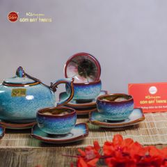 Bộ Ấm Chén Men Hỏa Biến Trắng Xanh Quả Hồng