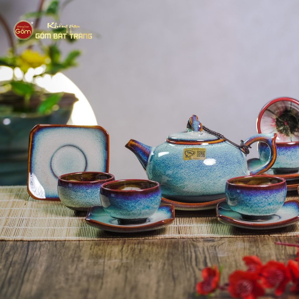 Bộ Ấm Chén Men Hỏa Biến Trắng Xanh Quả Hồng