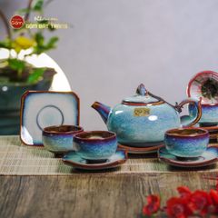 Bộ Ấm Chén Men Hỏa Biến Trắng Xanh Quả Hồng