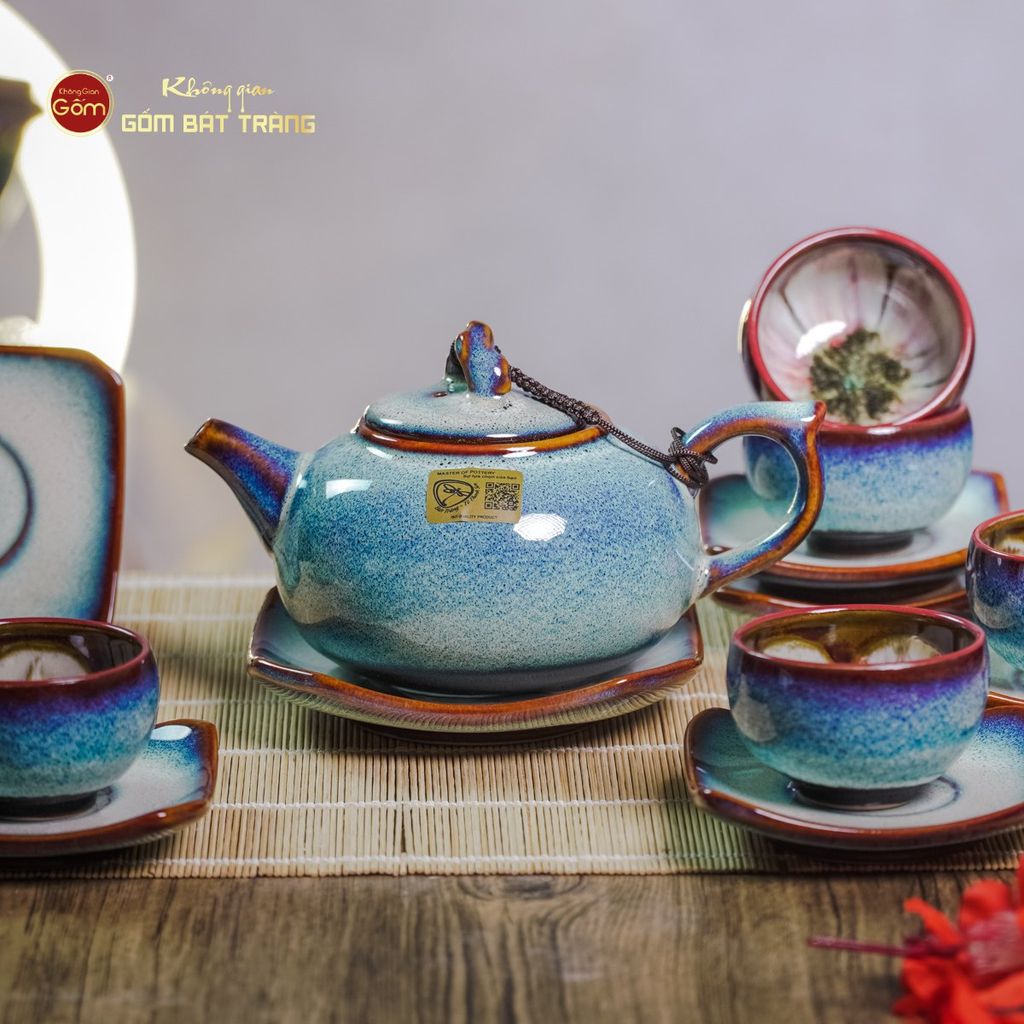 Bộ Ấm Chén Men Hỏa Biến Trắng Xanh Quả Hồng