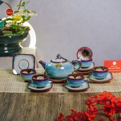 Bộ Ấm Chén Men Hỏa Biến Trắng Xanh Quả Hồng